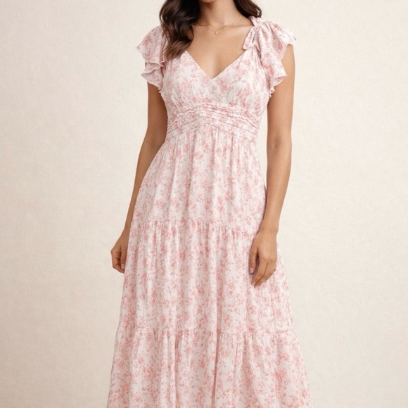 Trixxi Dresses & Skirts - Trixxi Light Pink Floral Ruffled Sleeve Maxi Dress